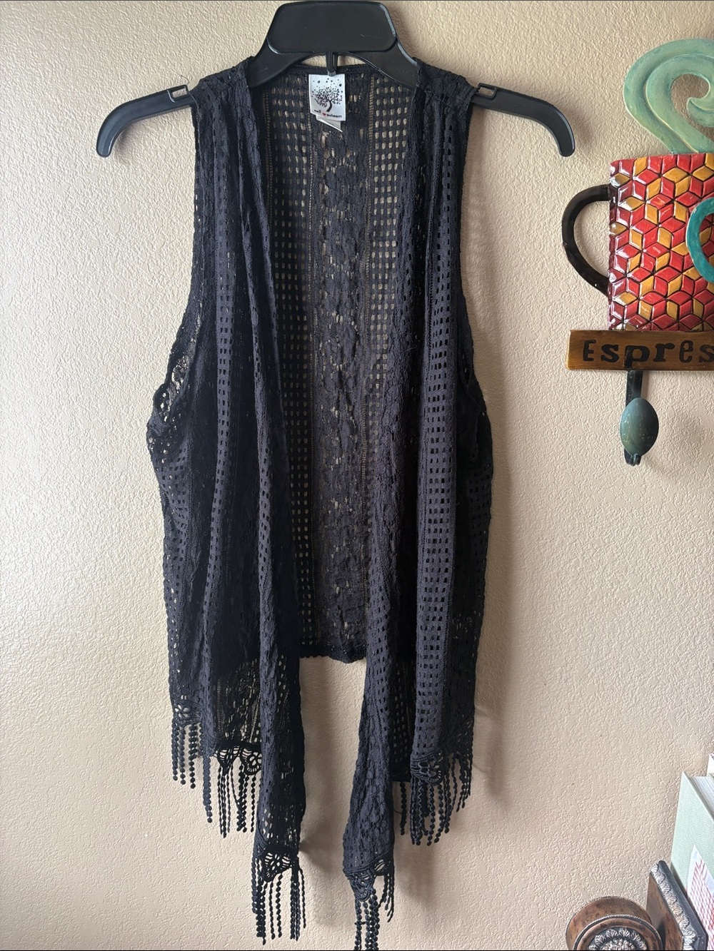 Self Esteem Black Crochet Fringe Vest with Heart Logo